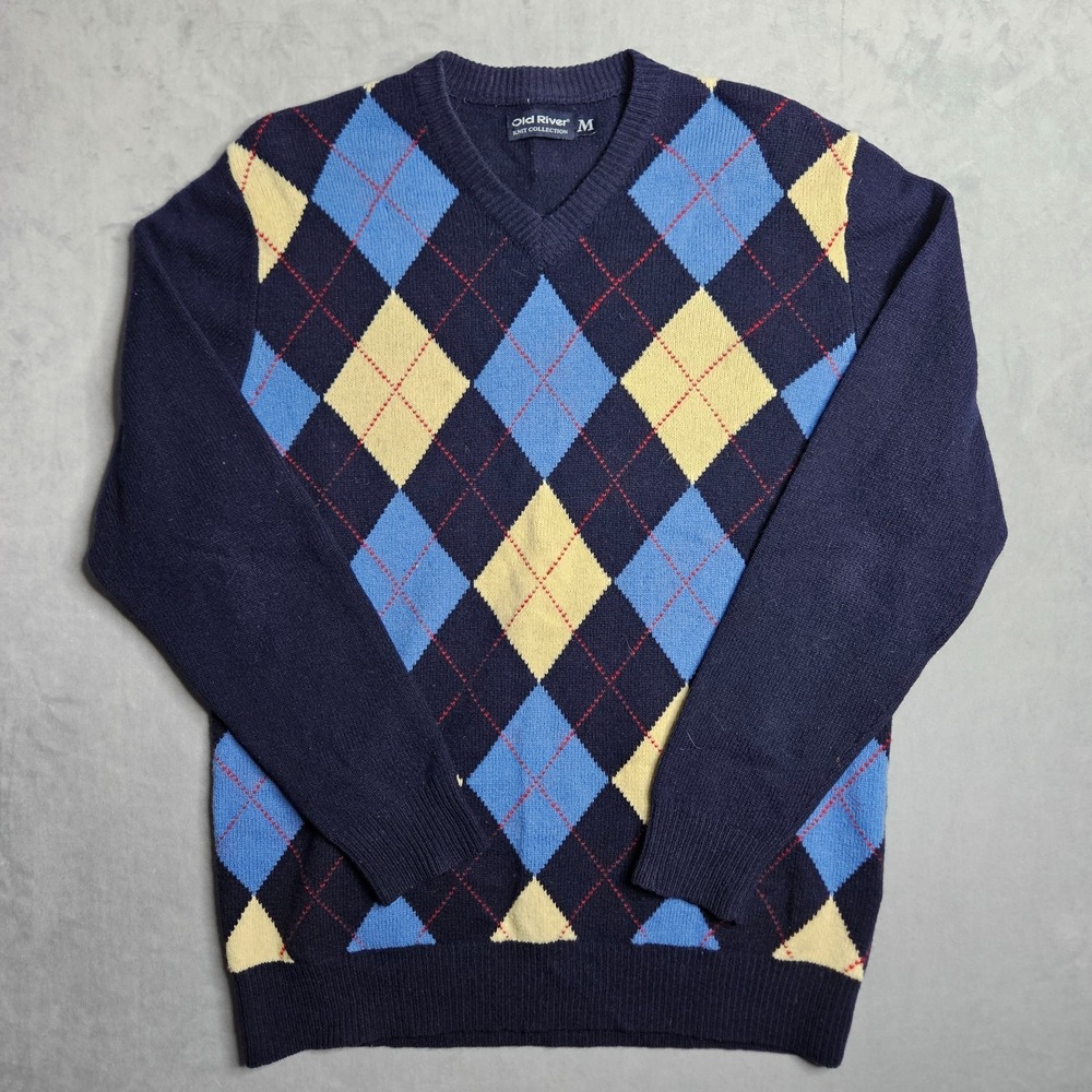 Vintage Lambswool Sweater Mens Medium Blue Argyle V-Neck Old River Knit Y2K